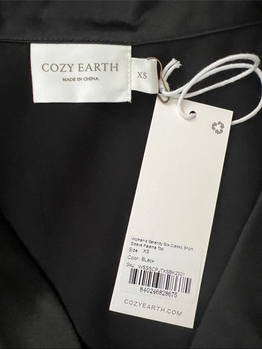NWT Cozy Earth Serenity Silk Classic Pajama Top Black XS 100% Silk Luxury
